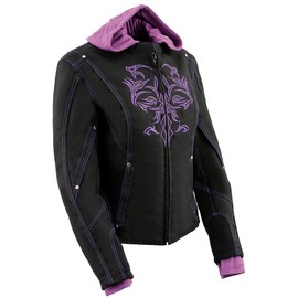 Milwaukee Leather MPL1967 Women's 3/4 Hooded Black and Purple Textile Jacket with Reflective Tribal Detail - 5X-Large
