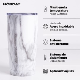 NORDAY | Stainless Steel Cups – Tumblers | 20oz White Marble Thermal Tumbler | Maintains Temperature Between 8 and 24 Hours | Anti-Spill Lid - Ideal For Trips | Double Wall - Extra Resistant