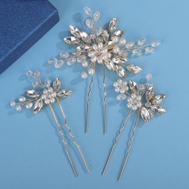 Octwine Handmade Bride Wedding Silver Gold Flower Rhinestone Hair Pins Bridal Hair Accessories Rhinestone Pearls Hair Pins Crystal Pearls Hair Clips for Women (Gold, Width 4.13 inches)
