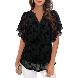 Vafoly Blouse, Women's Elegant Short-Sleeve Summer Tunic, V-Neck Mesh Top, Flowers, Double Layer Tunic