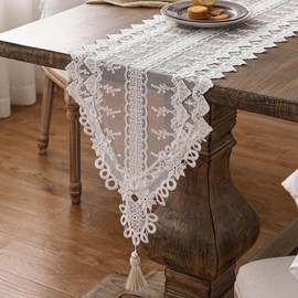 patdrea Designer Vintage White Lace Table Runner,Farmhouse Chiffon Embroidered Boho Fall Table Runners, Spring Dresser Runners for Bedroom Wedding Party Bridal Shower Decorations 16x102Inches Long