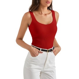 SUUKSESS Women Cotton Ribbed Built in Bra Tank Tops Shirts Summer Casual Basic Backless Going Out Tops (Red,S)