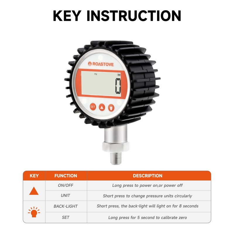 Roastove 3-1/8" Dial Size, Digital Pressure Gauge, 0-300psi/bar/Mpa/Kpa, 1/4" NPT