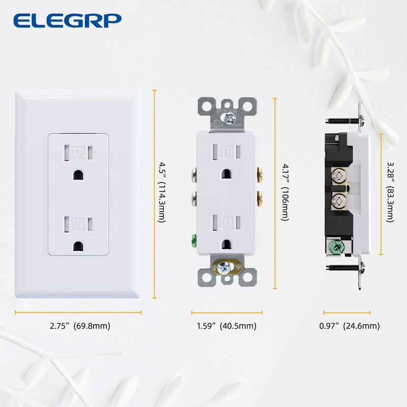 ELEGRP Decorator Wall Receptacle Outlet, Tamper Resistant 15A 125V Standard