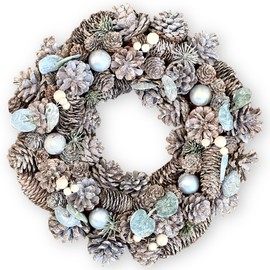 MIJOMA Christmas Wreath, Pine Cone Wreath, Beautiful Winter Decoration for Wall and Door, Handmade Advent Wreath with Real Pine Cones, Artificial Fir and Berries (Silver/Brown)
