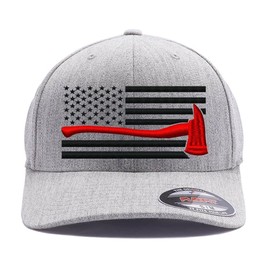 Thin Red Line Firefighter Axe USA Flag hat. Embroidered 6277 Flexfit Wooly Combed / 6477 Flexfit Wool Blend hat (Heather Grey, S/M)