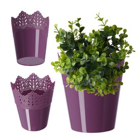 KADAX Lace Plastic Flower Pot, 9 Colours, Flower Pot with Lace Motif, Flower Pot Protector for Office, Pot, Garden Bowl, Flower Pot, Planter (Diameter 12 cm, Low, Purple)