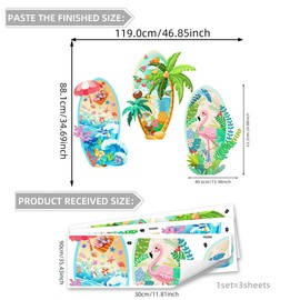 iMagitek 3 Pack Summer Surfboard Designs with Flamingo, Beach, Palm Tree Tropical Wall Stickers for Kids' Room Living Room Wall Decor Summer Party Decor, 47x35 inches