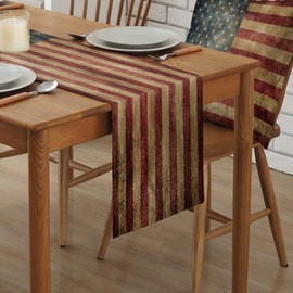 Greeeen Cotton Linen Table Runner, US Flag Kitchen Table Runners for Family Dinner, Banquet, Parties and Celebrations, Vintage American Flag Table Decor, 13 x 48 inch