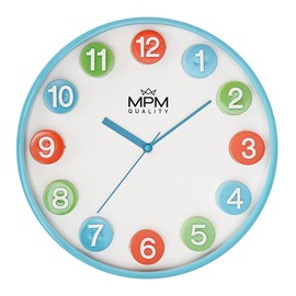 MPM Quality Colourful Children's Plastic Wall Clock, Blue/Colourful, Large Colourful 3D Numbers, Quartz Movement Sweep for Undisturbed Play, Diameter 304 x 43 mm, Suitable for Children's Room,