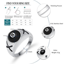 QGJNSGC 8-Ball Urn Ring for Ashes Billiards Balls Cremation Ring Memorial Pool Table Balls Lucky 8 Ball Keepsake Jewelry Gifts for Women Men Finger Rings for Pet Human Ash Jewellery (Silver, 10#)