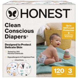 The Honest Company Clean Conscious Diapers for Delicate Skin | Up to 100% Leakproof | Hypoallergenic, Fragrance Free | Gender Neutral | Super Club Box, Size 3 (16-28 lbs), 120 Count (Prints May Vary)