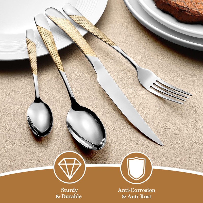 24 Piece Gold Hammered Silverware Set for 6, Premium Food-grade