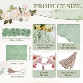 eZAKKA Sage Green Cheesecloth Table Runner, Gauze Boho Rustic Table Runners for Wedding Birthday Party Baby Shower Decorations(1Table Runner + 6 Napkins + 6 Wood Bead Napkin Rings)