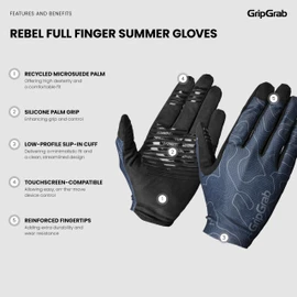 GripGrab Rebel Full Finger Summer Mountain Bike Gloves Unpadded MTB Gravel Bike Cycling Gloves Anti-Slip Off-Road Glove
