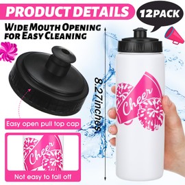 Domensi 12 Pcs Cheer Team Gifts for Girls Cheer Water Bottles Pom Pom Cheer Sports Squeeze Water Bottle Cheer Teams Water Bottles 20 oz Reusable Plastic Water Bottles for Girls