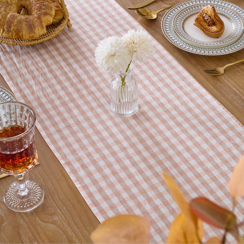 Cobedzy Plaid Gingham Ruffle Table Runner, Pink 13" x 72"
