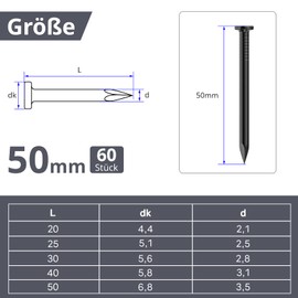 ORTAVA Pack of 60 Steel Nails, Nails for Concrete Walls, Galvanised, Nail Woodworking Brick, Universal Use Indoor and Outdoor Use, Black (50 mm)