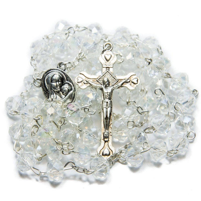 Glass Crystal CLEAR BEADS With SILVER PLATED ROSARY CROSS and