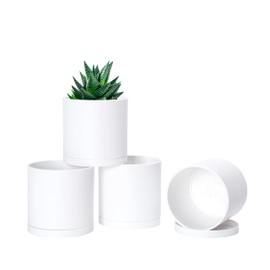D'vine Dev 4 Pack 4 Inch Modern Plastic Plant Pots, Small Garden Planters for Plant with Drainage Holes and Saucers, White Color, 74-Z-E-2