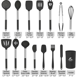 MIBOTE Silicone Kitchen Utensils Set, Cooking Utensils Set with Heat Resistant BPA-Free Silicone and Stainless Steel Handle Kitchen Tools Set (Black)