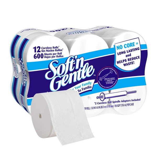Soft ‘n Gentle™ Premium Coreless 2-Ply Toilet Paper, 600 Sheets Per Roll, 12 Rolls Per Pack, 2 Roll-Holder Adaptors Included