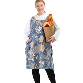 APRONNER Cross Back Plus Size Linen Aprons for Women with Pockets Blend Dress for Baking Cooking Gardening Works Camellia