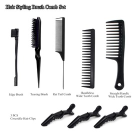 Edge Brush Teasing Brush Hair Comb Set with Wide Tooth Comb Rat Tail Comb and Hair Clips for Women Kids Baby Girls Smoothing Combing & Styling Hair (Black S)
