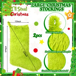 Fourluoo 2 Pcs Green Christmas Stockings 43 Inch Extra Large Hanging Faux Fur Xmas Stockings Giant Christmas Gift Holder for Christmas Tree Decor