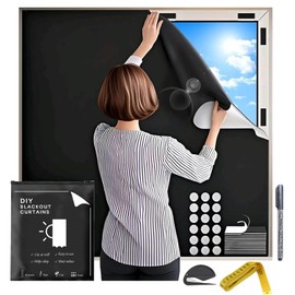 300x145cm Blackout Blinds Stick On, Temporary 100% Blackout Window Film, Portable Black Out Curtains No Drill With 8 Velcro Pairs, Easy To Cut Fit Any Size Shape Windows For Bedroom Travel RV Car