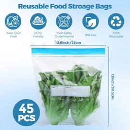 Freezer Bags, 45Pcs Ziplock Bags Food Reusable Sandwich Bags Storage Bags with Expandable Bottom BPA Free Seal Freezer Bags for Fruit,Vegetable, Meat and Snack