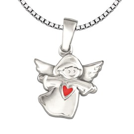CLEVER SCHMUCK Set Silver Children's Pendant Angel Shiny 12 mm with Red Heart and Venezia Chain 38 cm Sterling Silver 925 in Case White, Sterling Silver, No Gemstone