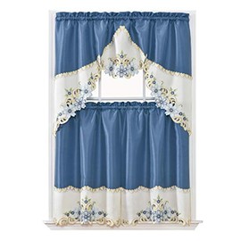 GOHD Arch Floral Kitchen Curtain Set/Swag Valance & Tier Set. Nice Matching Color Floral Embroidery on Border with cutworks (Riverside Blue)