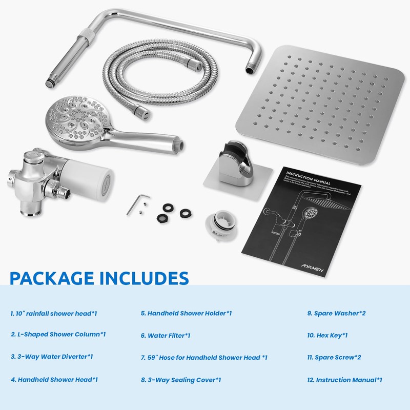 Ryamen Upgraded Dual Shower Heads Combo, 10 inch Filtered Shower