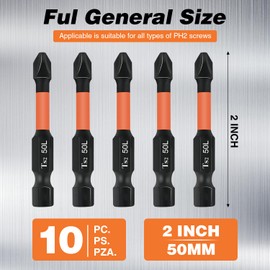 10 Pac Phillips Bits #2 Impact Magnetic 2 Phillips Bits- PH2 Bits Premium S2 Alloy Steel Phillips Head Drill Bits- Phillips Screwdriver Bits (2-Inch Long Phillips Bit Set) 1/4 Hex Shank Screw Bits