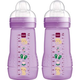 MAM Easy Active Baby Bottle with Medium Flow MAM Teats Size 2, Twin Pack of Baby Bottles, Baby Feeding, 270 ml, Purple (Designs May Vary)