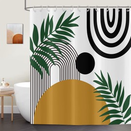 ASDCXZ Shower Curtain 180x200 cm Boho Style, Modern Abstract Art Sun Green Leaves Line Bath Washable Shower Curtains Polyester Textile Waterproof Shower Curtain for Bathtub with 12 Hooks