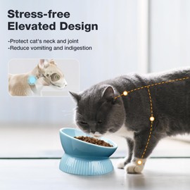 Kopmath Elevated Cat Bowl, Ceramic Tilted Cat Food Bowl, Anti Vomiting, Stress Free on Neck and Spine, Spill-Proof, Anti-Tipping, Dishwasher Safe, Raised Cat Bowls for Indoor Cats, Dry/Wet Food, Blue