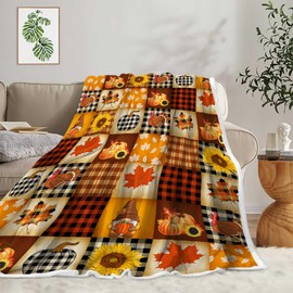DYNH Fall Throw Blankets, Thanksgiving Fall Pumpkin Turkey Maple Leaves Retro Plaid Pattern Flannel Fleece Blanket, Cozy Soft Blankets for Bed/Couch/Living Room,50X60IN