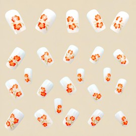 24PCS Short Press on Nails Square Fake Nails Cute White Flower Designs Nude Color Full Cover Design Nail Art Decoration Glossy Full Cover Acrylic False Nails Extra Stick on Nails