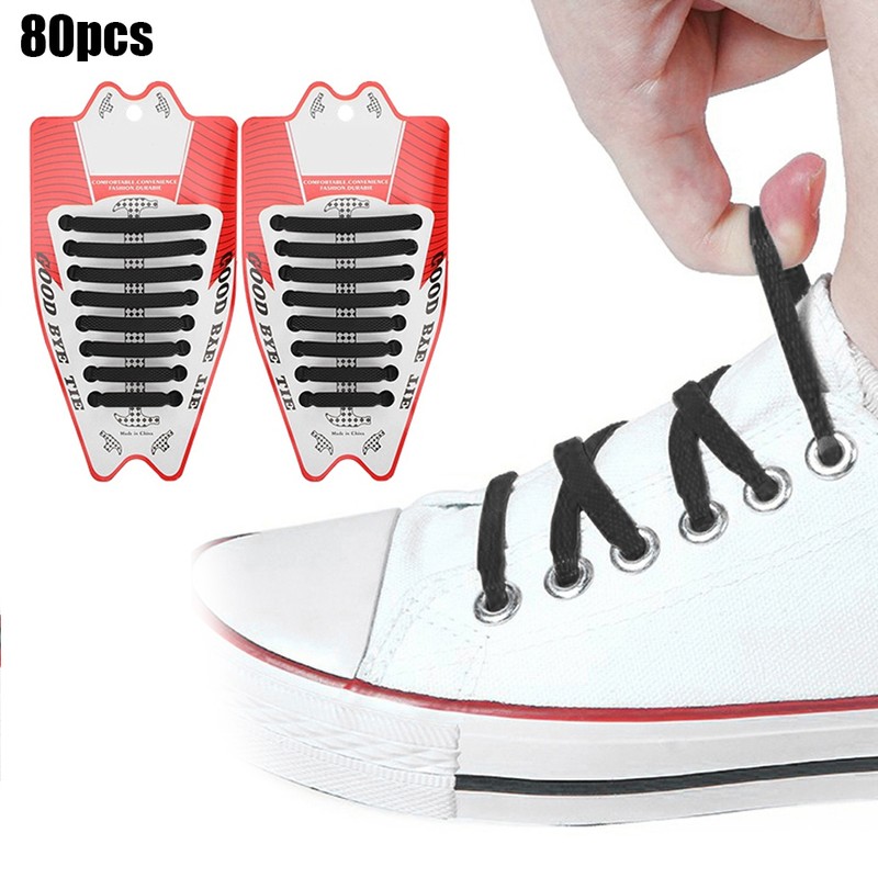 80pcs Silicone Lazy Shoelaces Elastic Black No Tie Shoe Laces