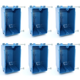 (6 PACK) Plastic Electrical Box, Blue Outlet Box, Single Gang New Work Junction Box, Captive Nails, 18 cu. Inches, Length 3-3/4'', Width 2-1/4'', Depth 2-7/8'', 2 Hour Fire Rated Electrical Outlet Box