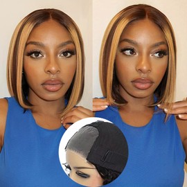 Wear and Go Glueless Bob Wig Human Hair Pre Cut Ombre Highlight Bob Wig Human Hair Glueless 4x4 HD Lace Closure Glueless Wigs Human Hair Pre Plucked Short Straight Blonde Bob Wigs for Women