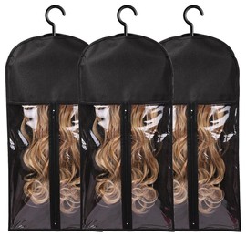 3PCS wedge Hanger Hair Extension Holder Wig Storage for Multiple Wigs Bags Storage with Hanger Wig Holder Dust-proof Hair Extension Storage with Hook hair extensions, wigs & accessories (Black) - Color: Pink, Size: 3PCS (23.5 Inch)
