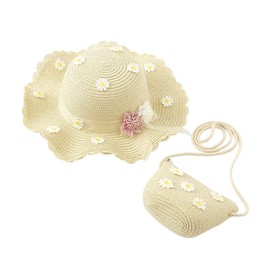 Toddler Girls Straw Hat and Shoulder Bag Set Daisy Flower Beach Cap Wide Brim Summer Sun Hat Foldable Visor Hat and Purse Light Khaki