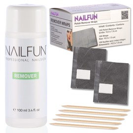 Nailfun Remover 100 ml + 100 Remover Wraps - Cotton Pad on Aluminium Foil + 5 Wooden Sticks - for Removing UV Gel Nails - Shellac - Soak-Off - Gel Polish - Easy-Off Gel - Acrylic Modelling - Tips