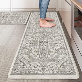 KIMODE Kitchen Mats Cushioned Anti Fatigue, 20"x47"+20"x32" Farmhouse Kitchen Rugs Sets of 2, Non Slip Kitchen Mats for Floor, Padded Kitchen Floor Mats for Sink, Laundry, Desk Grey