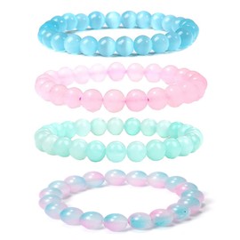 HXLJHALG 4Pcs 8mm Natural Crystal Bracelets for Women and Girls, Stretch Gradient Translucent Quartz Beaded Bracelets Gemstones Bracelets Crystal Beaded Bracelet Jewelry (Pink,Green,Blue)