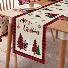 Bonhause Christmas Buffalo Plaid Truck Table Runner 13x90 Inch Xmas Tree Gnomes Seasonal Winter Holiday Kitchen Dining Table Decoration for Indoor Outdoor Home Party Decor