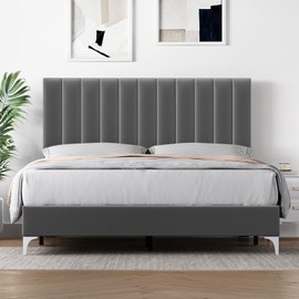 GAOMON Queen Size Bed Frame with Headboard, Velvet Upholstered Platform Bed Frame with Adjustable Headboard and Wooden Slats Support, No Box Spring Needed, Easy Assembly, Dark Grey (Queen, Grey)